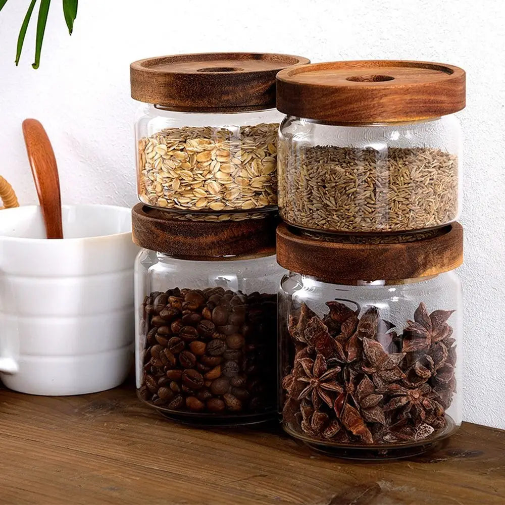 Glass Food Storage Container with Airtight Wooden Lid - I Piece