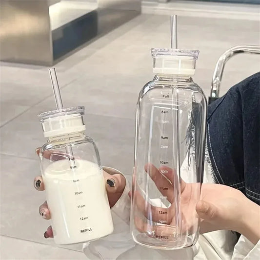 Glass Water Bottles with Lid Straw