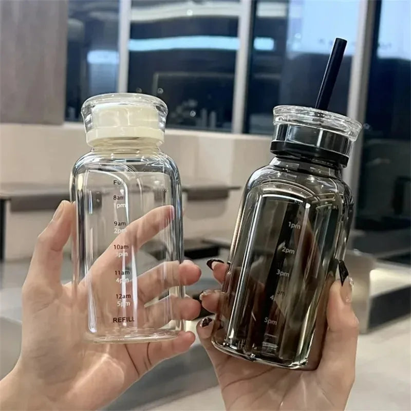 Glass Water Bottles with Lid Straw